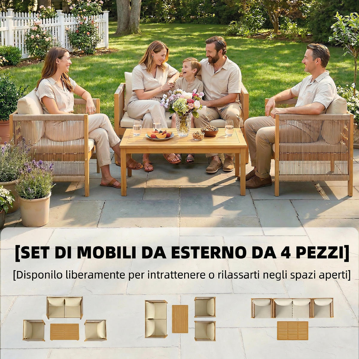 GARTENMÖBEL-SET, 4-teilig Akazienholz, naturholz - Ecru, Holz - Vallsero