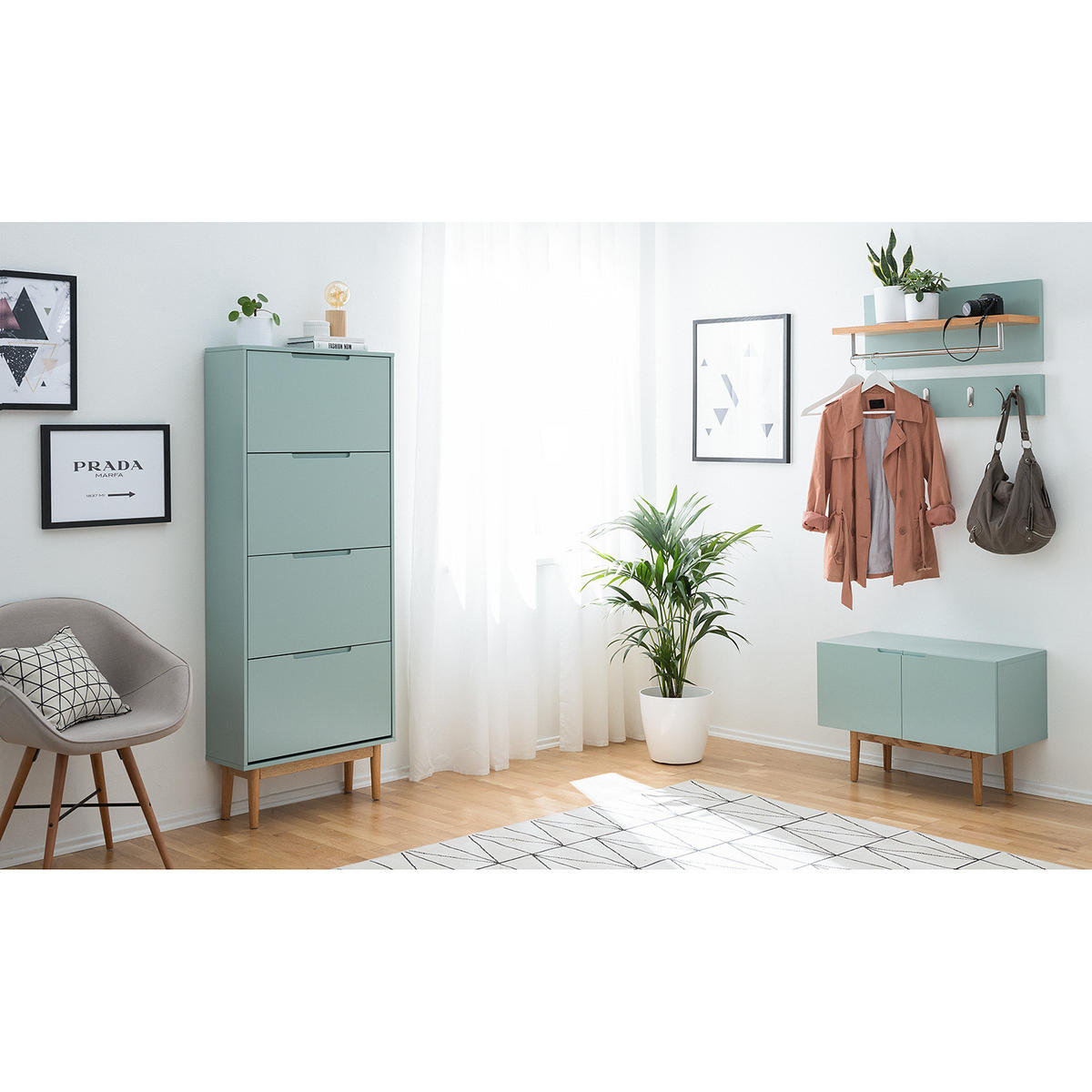 SCHUHKIPPER - Eichefarben/Mintgrün, Eichenholz/Holz (63/162/24cm) - home24