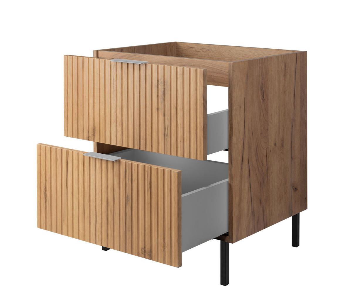 WASCHBECKUNTERSCHRANK, Eiche Craft, 60 x 77 x 46 cm, silberner Griff, schwarze Beine, ohne Arbeitsplatte - Eichefarben/Silberfarben, Holzwerkstoff (60/77/46cm) - 3XE LIVING