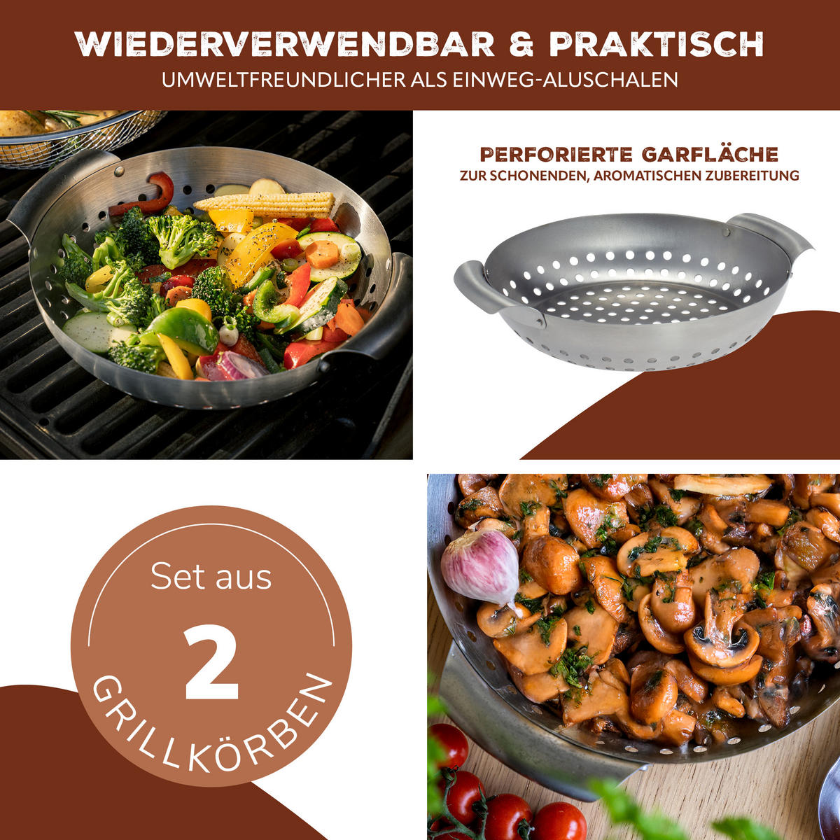 GRILLKORB 2er-Set, silber, Edelstahl - Edelstahlfarben, Metall (22.5/27/6cm) - bremermann