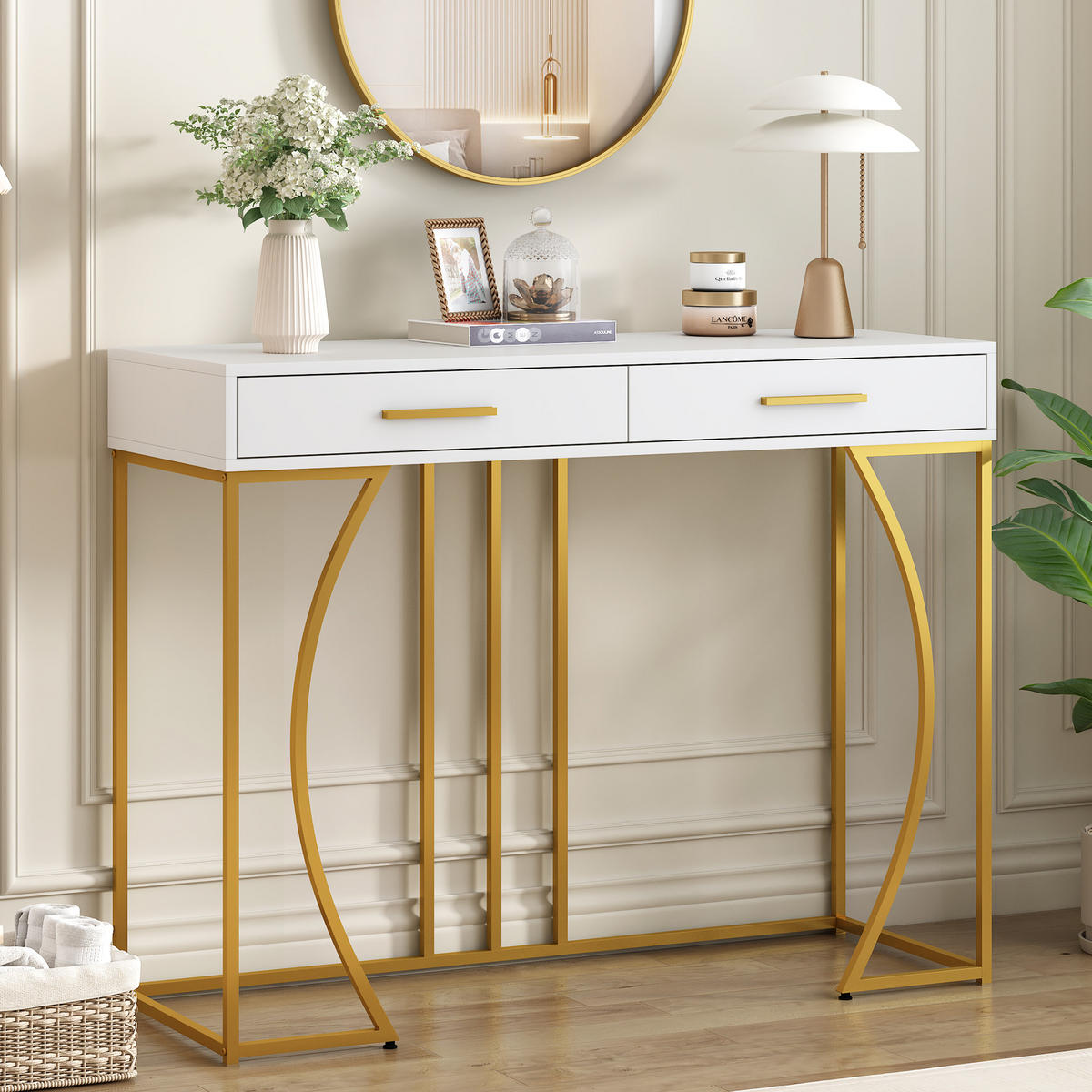 KONSOLENTISCH Golden und Weiß 110/32/85CM - Weiß, Holzwerkstoff/Metall (110/32/85cm) - Urban Meuble