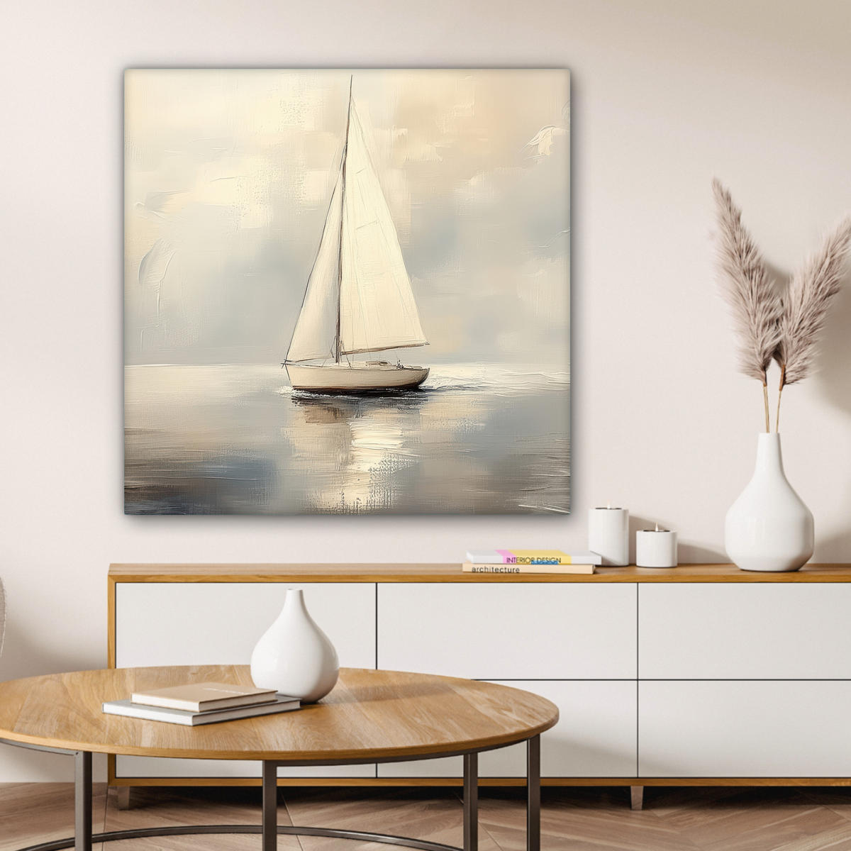 LEINWANDBILD Segelschiff - Meer - Bewölkt 90x90 cm - Creme, Textil (90/90cm) - MuchoWow