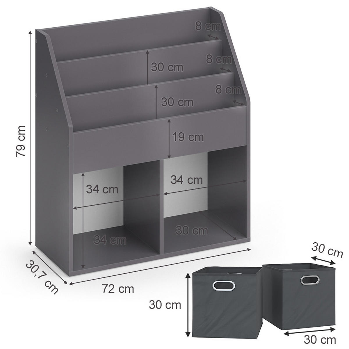 KINDERREGAL Luigi Grau 72 x 79 cm mit 2 Faltboxen opt.1 - Grau, Holzwerkstoff (72/79/30.7cm) - Vicco