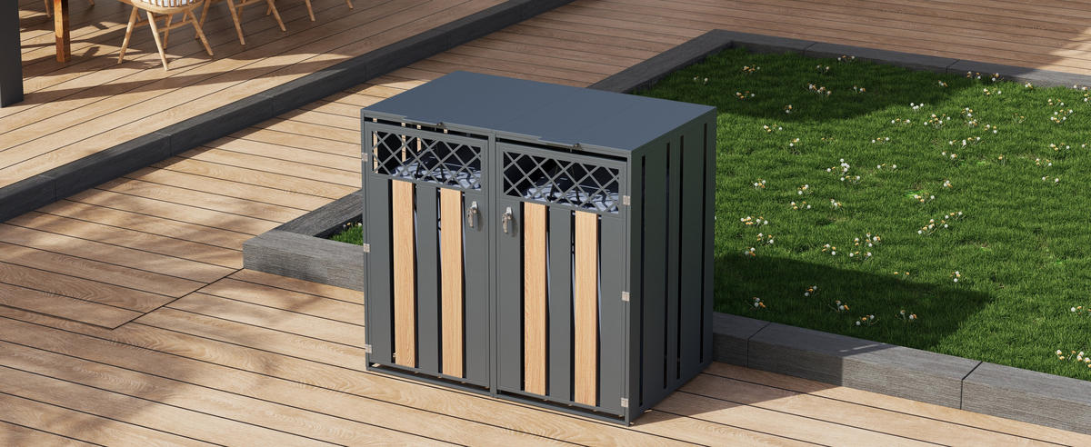 MÜLLTONNENBOX Klappdeckel 2 Türen Lüftung - Grau, Metall (132/118.5/80cm) - LEBENLANG