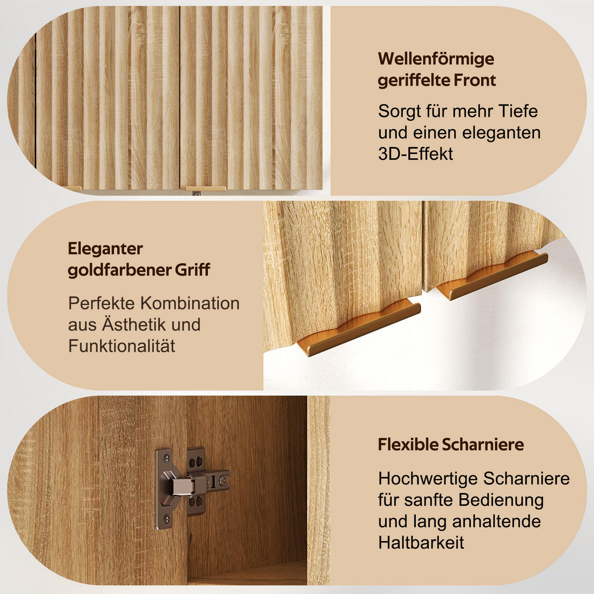 HÄNGESCHRANK DE-38748 90/29/60 cm 3 Türen und Wellenstruktur Natur - Naturfarben, Holzwerkstoff (90/60/29cm) - ComfortXL