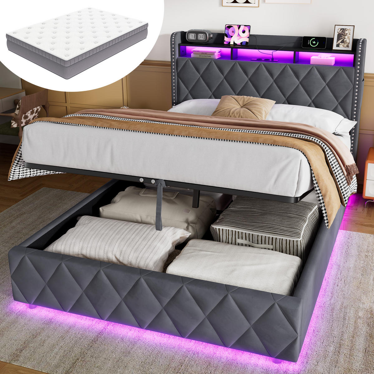 POLSTERBETT 140×200 mit LED-Beleuchtung, Bettkasten und Matratze - Grau, Holzwerkstoff/Textil (140/200cm) - EVRYAE