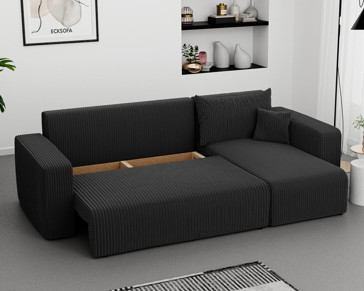 ECKSOFA Schwarz Cord-Stoff mit Bettkasten - Schwarz, Textil (248/145cm) - Idohome