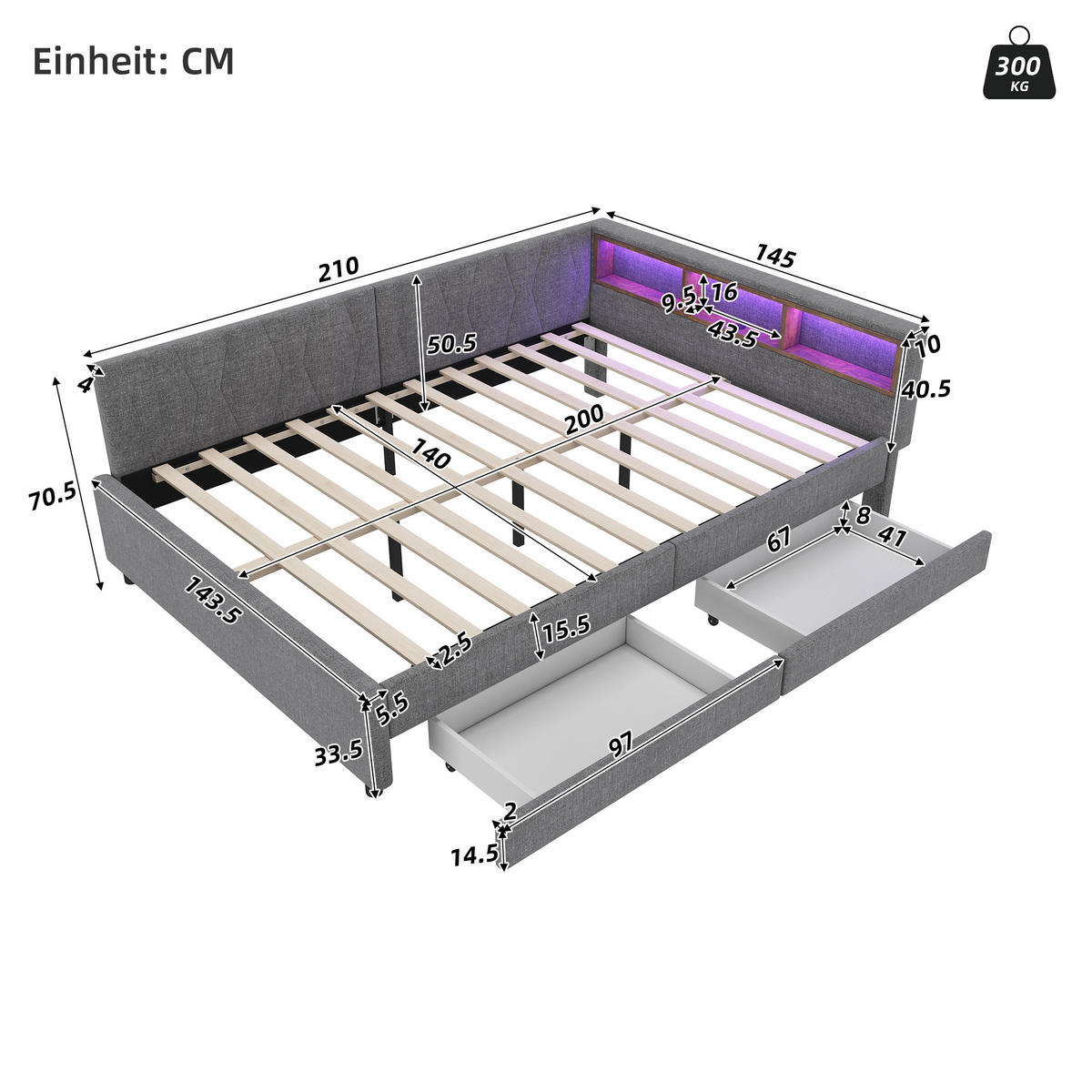 TAGEBETT 140x200cm Grau Leinen USB-C LED-Licht 2 Schubladen - Grau, Holz (140/200cm) - FLIEKS