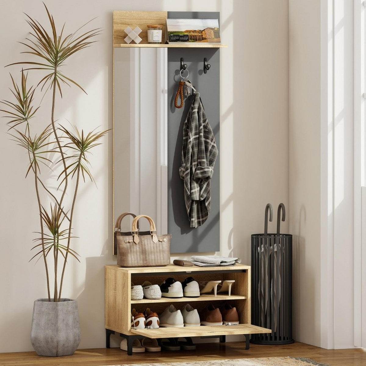 PŘEDSÍŇOVÁ sestava 60/13,5/127,5 cm přírodní dřevo a šedá z MDF s věšákem, zrcadlem a botníkem - přírodní, kompozitní dřevo (60/127.5/13.5cm) - OKWISH