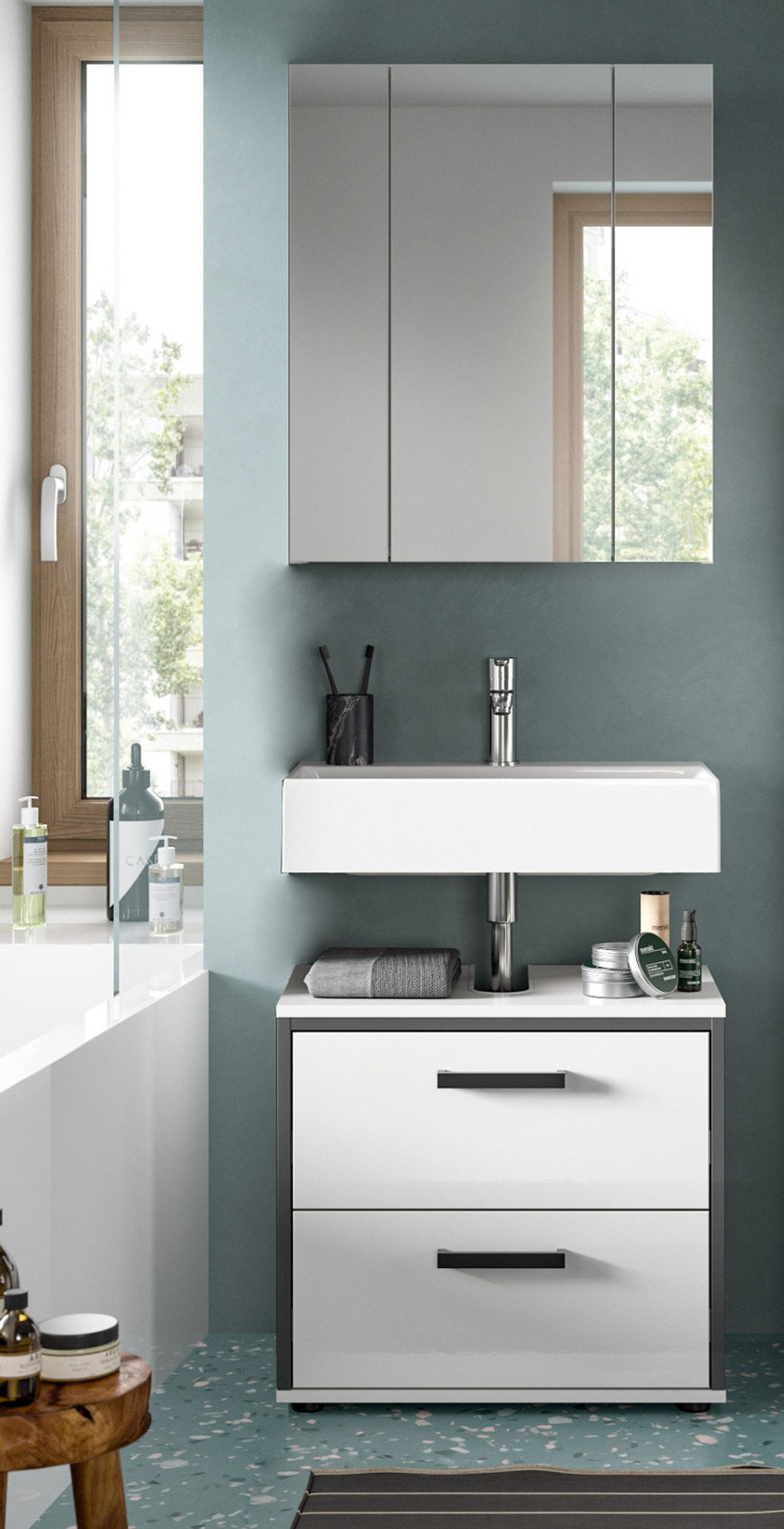 BADMÖBEL-SET 2-teilig weiß Hochglanz, grau, Badkombination 60 x 190 cm - Weiß Hochglanz/Schwarz, Glas/Holzwerkstoff (60/190/37.5cm) - Inn.Furn