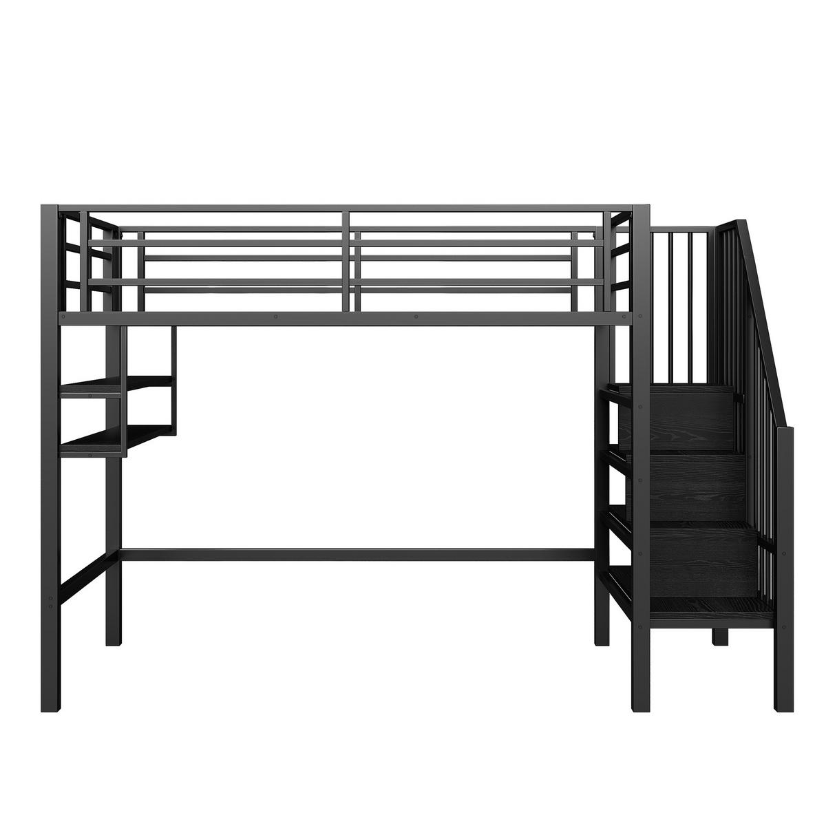 VYSOKÁ postel 90/200 cm černá s úložným žebříkem a policemi z kovu a MDF - černá, kov (90/200cm) - OKWISH
