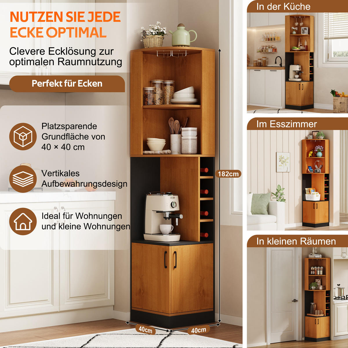 HIGHBOARD DE-38705 40/40/182 cm Weinglasregal und 4 Weinfächer Holz - Naturfarben, Holzwerkstoff (40/182/40cm) - ComfortXL