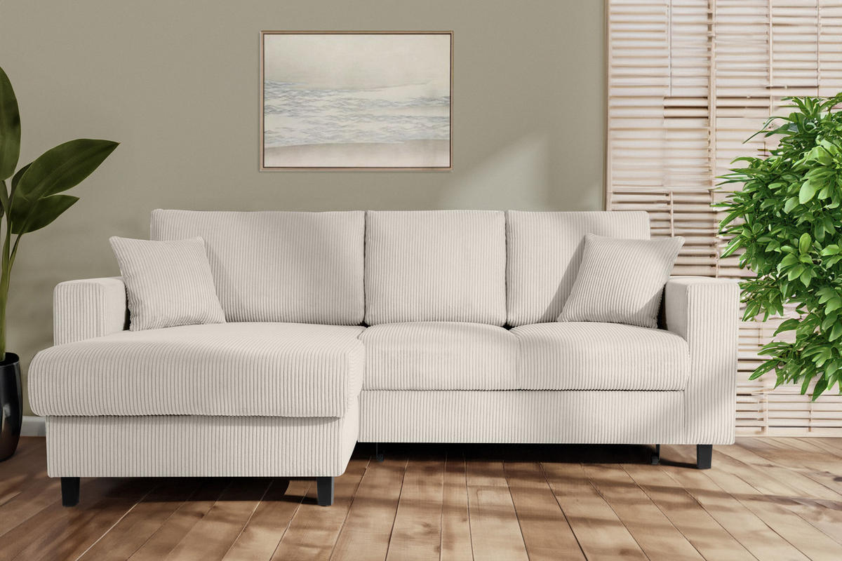 ECKSCHLAFSOFA EGRET Links mit Bettkasten, Cord-Stoff, cremefarben - Creme, Textil (234/90cm) - KONSIMO®