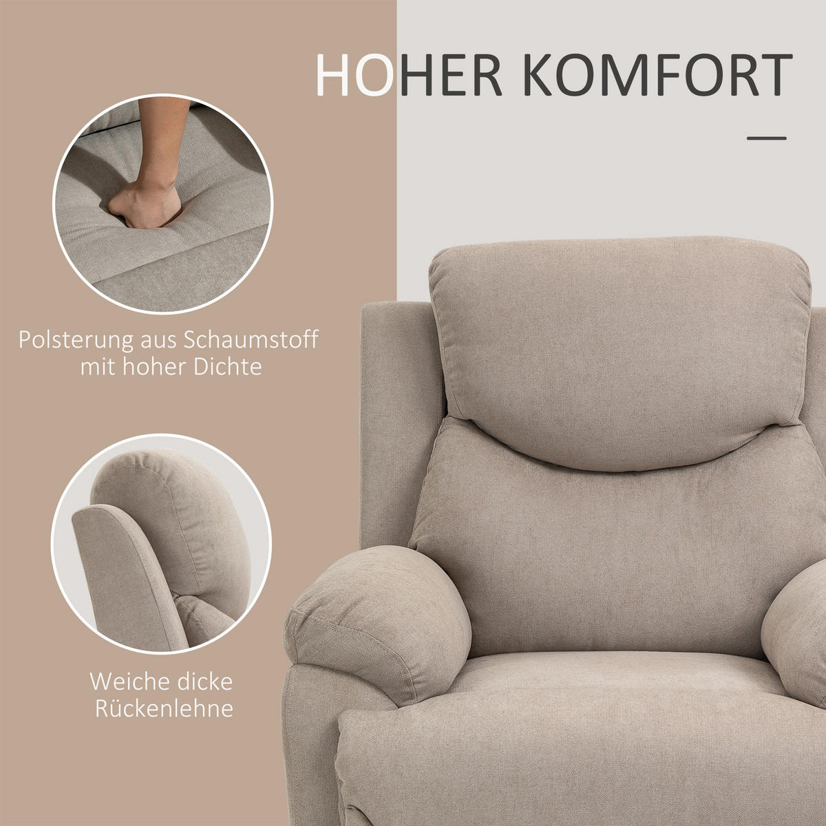 FERNSEHSESSEL, Polyester, Beige - Beige/Schwarz, Textil/Metall (88/102/93cm) - HOMCOM