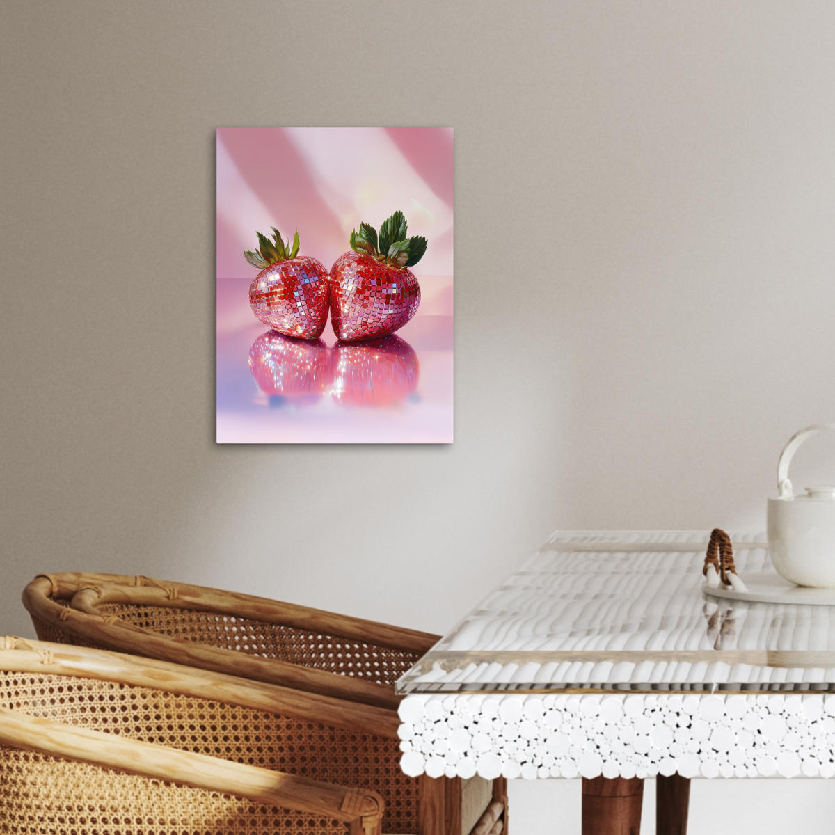 LEINWANDBILD Disco - Obst - Glitzer - Erdbeere 30x40 cm - Pink, Textil (30/40cm) - MuchoWow