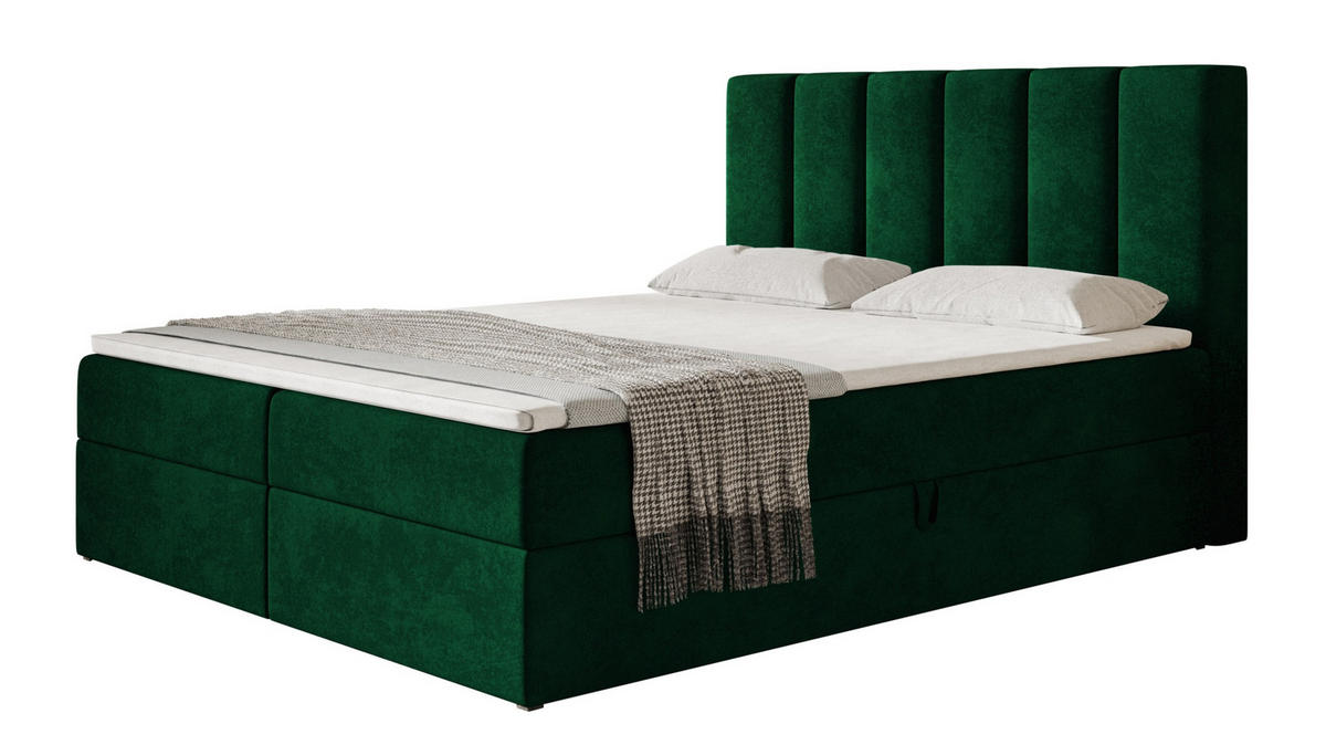 BOXBETT TOKIO mit 2 Bettkästen, 180x200, Farbe: Dunkelgrün, Velourstoff, Doppelbett mit Bonell-Matratze - Dunkelgrün, Holz/Kunststoff (180/200cm) - Alpi-Möbel