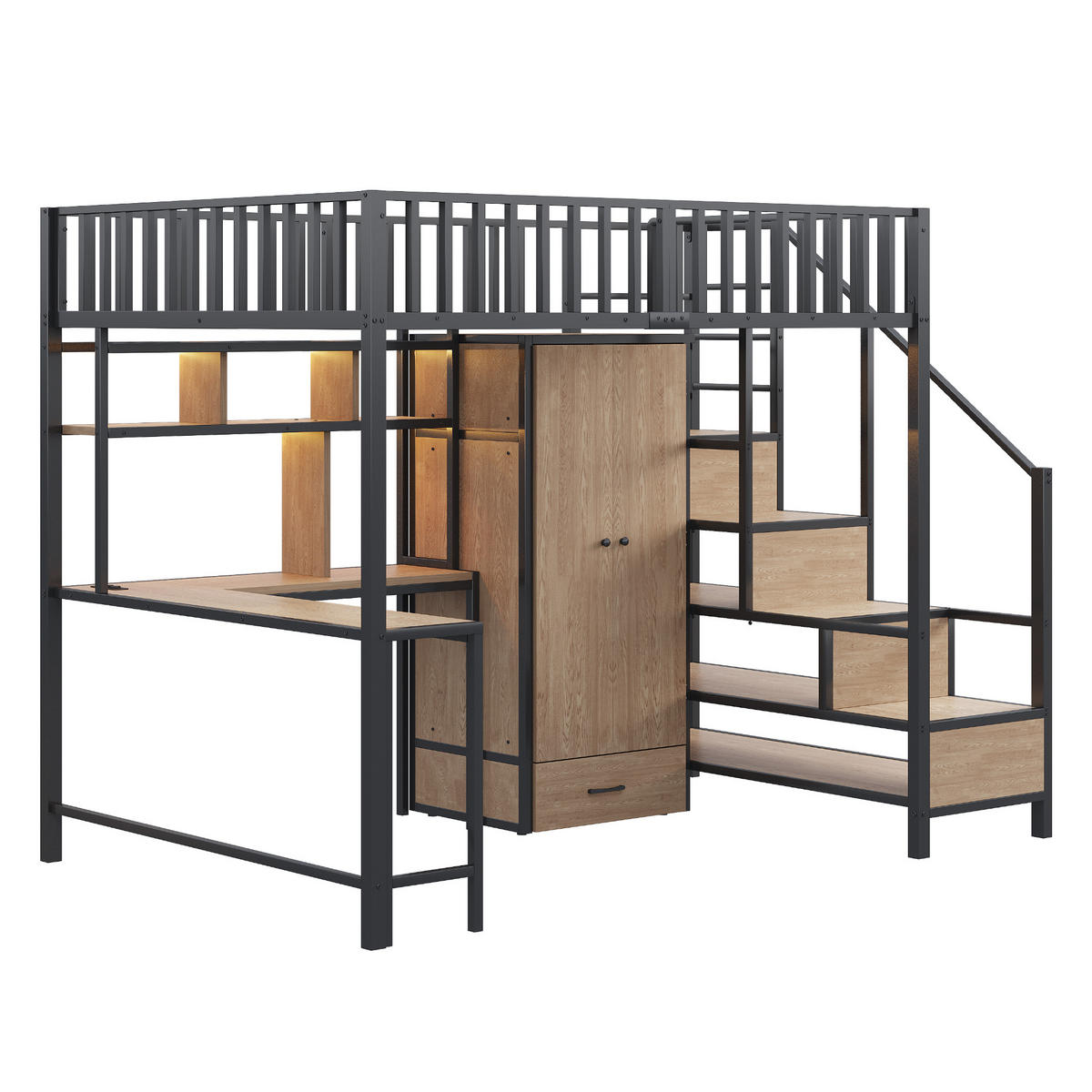 HOCHBETT 140/200 cm DE-01503, in Schwarz, mit Schreibtisch, Kleiderschrank, Ladebuchse und LED - Schwarz, Metall (140/200cm) - ComfortXL