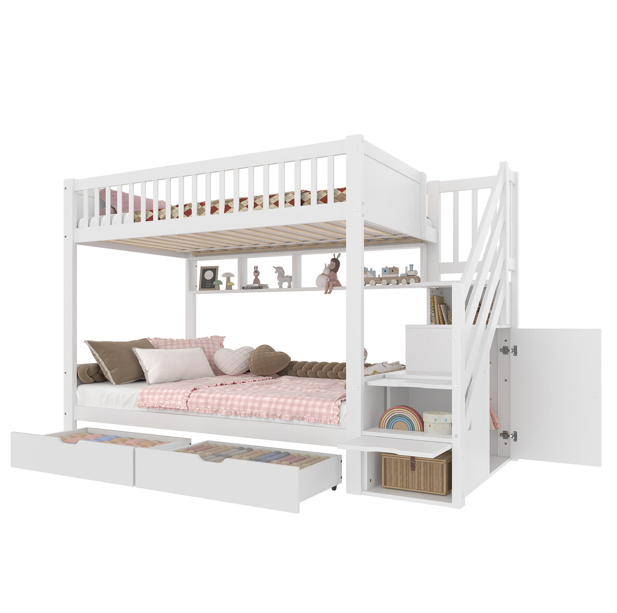 ETAGENBETT 90/200 cm in Weiß mit Kleiderschrank und Stauraumtreppe - Weiß, Holz (90/200cm) - BEAOK