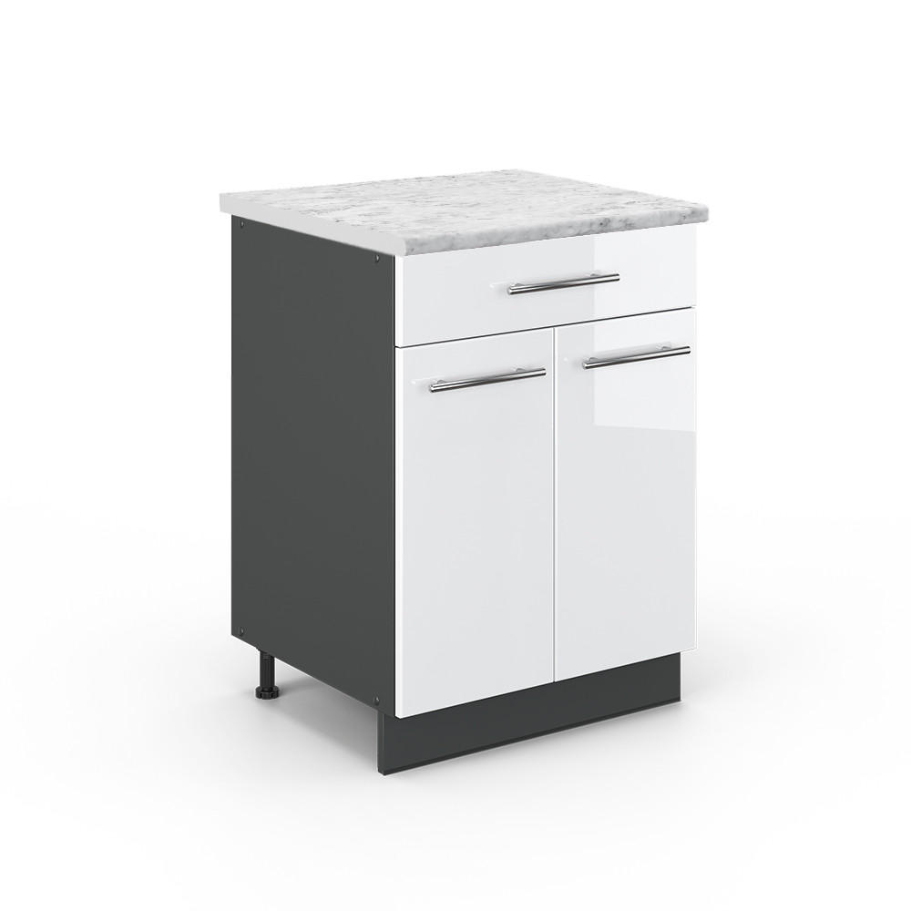 KÜCHENUNTERSCHRANK Fame-Line Weiß Hochglanz 60 cm mit Schublade AP Marmor - Weiß Hochglanz/Anthrazit, Holzwerkstoff (60/82/60cm) - Vicco