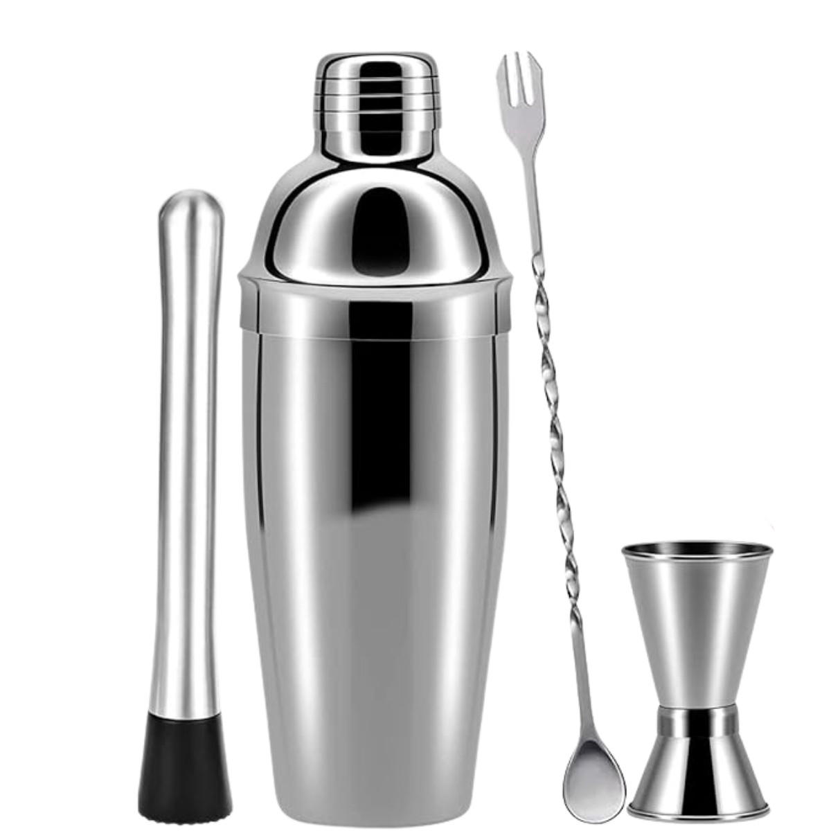 COCKTAIL-SHAKER-SET Edelstahl, 4-teilig, inkl. Shaker 750 ml, Doppel-Jigger, Sieb, Löffel - Silberfarben, Metall (8/24/8cm) - LUXUSKOLLEKTION