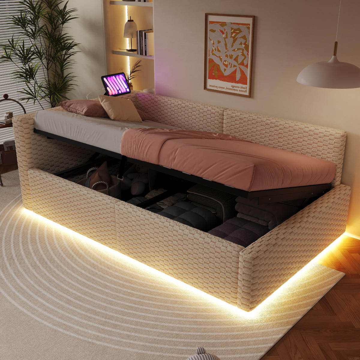 POLSTERBETT 90/200 cm in Beige Samt mit Bettkasten, LED, USB und Type-C - Beige, Holzwerkstoff/Textil (90/200cm) - WISHDOR