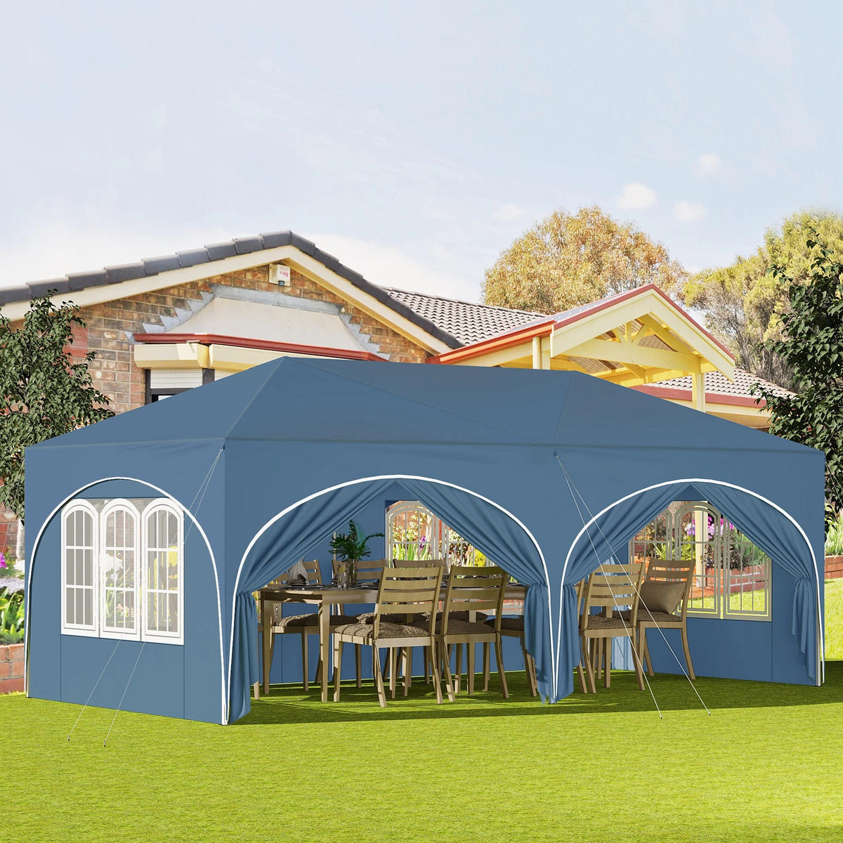 PAVILLON 3x6 m Blau mit 6 Seitenwänden - Blau, Textil/Metall (583/293cm) - Kaket