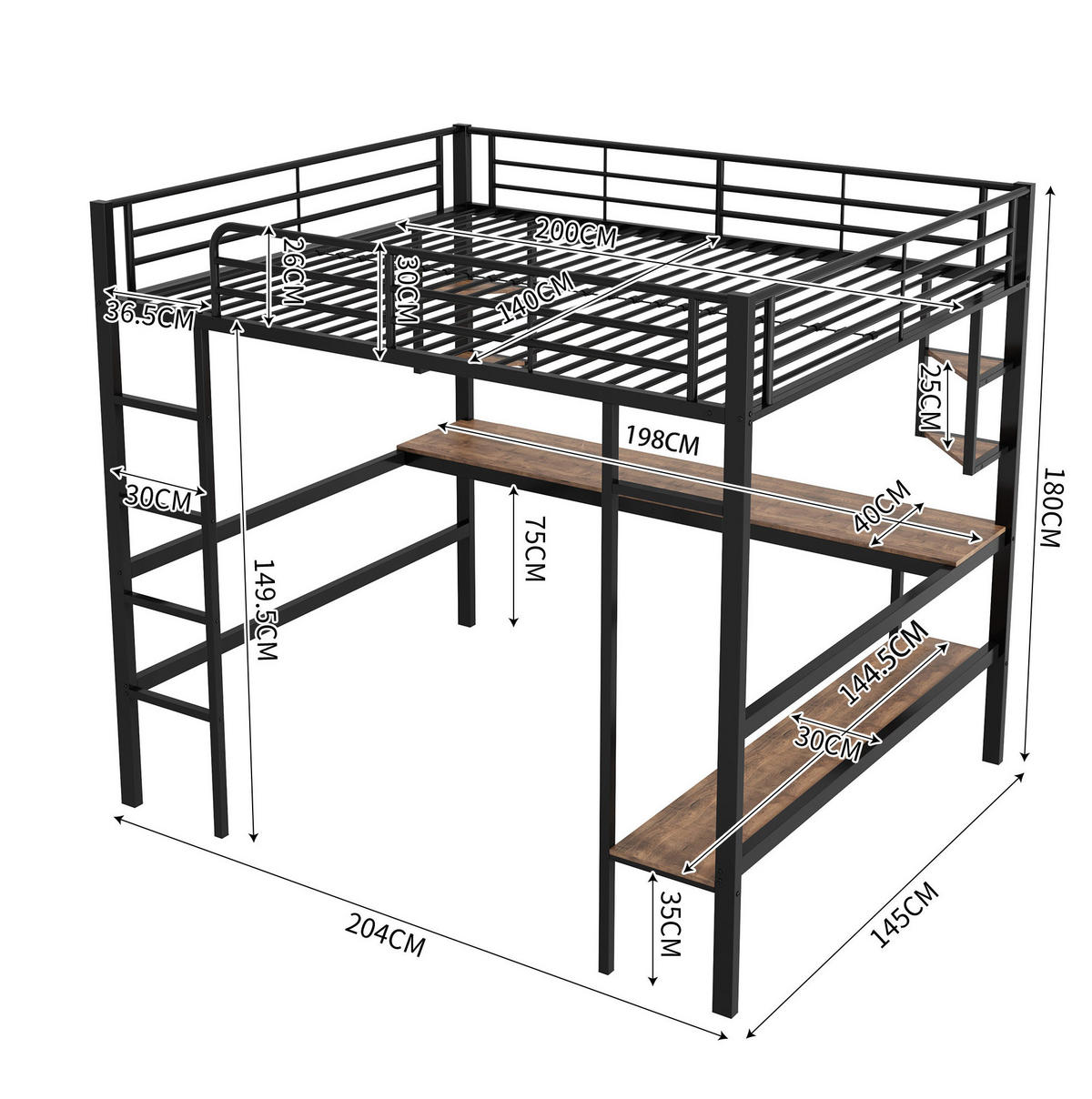 HOCHBETT 140/200 cm Schwarz aus Metall und MDF mit Schreibtisch und Regalen - Schwarz, Metall (140/200cm) - OKMYHOME