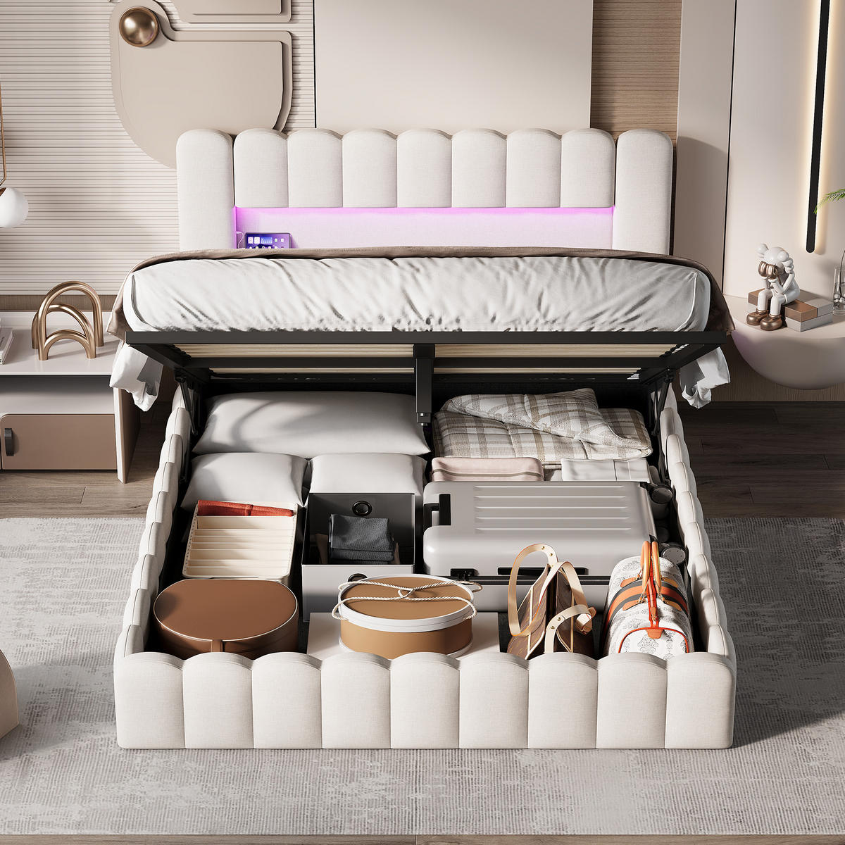 STAURAUMBETT 160x200 cm Doppelbett, mit USB-Anschluss und LED-Beleuchtung, Leinenstoff in Beige - Beige, Holz (160/200cm) - BRILVERDE