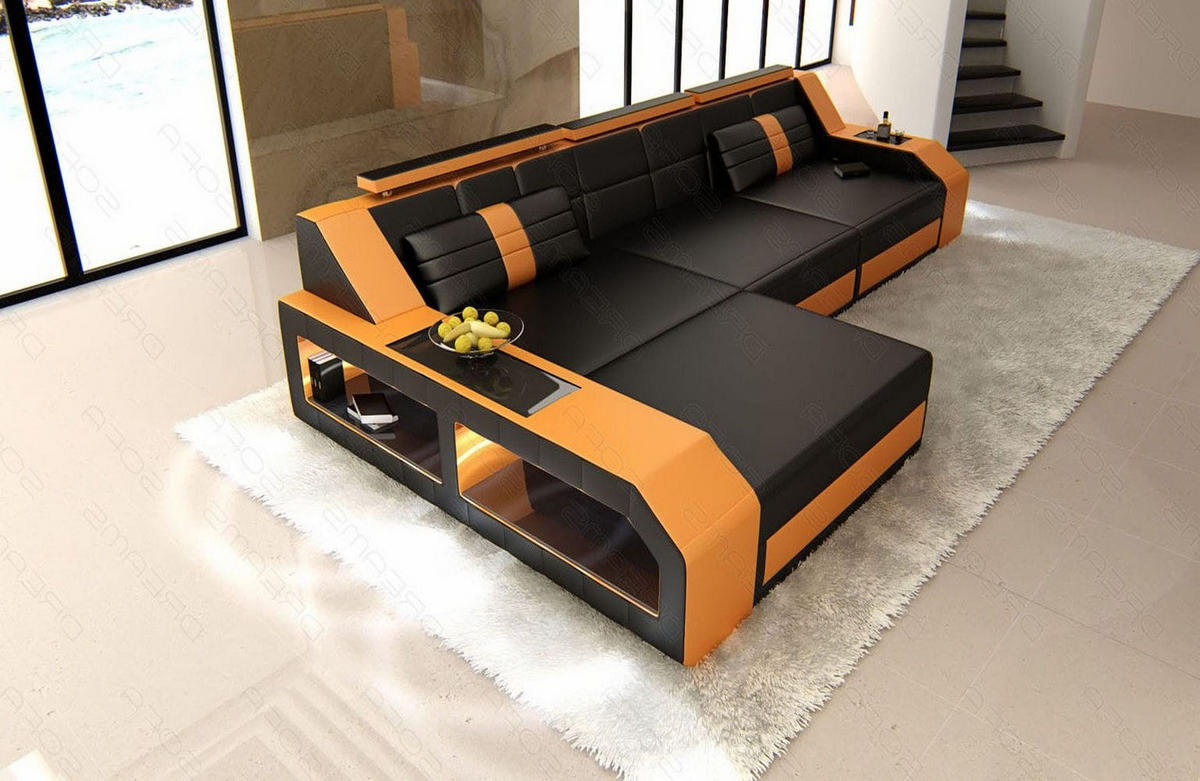 COUCH Arezzo L Schwarz Orange Ledermix - Schwarz, Textil (308/194cm)