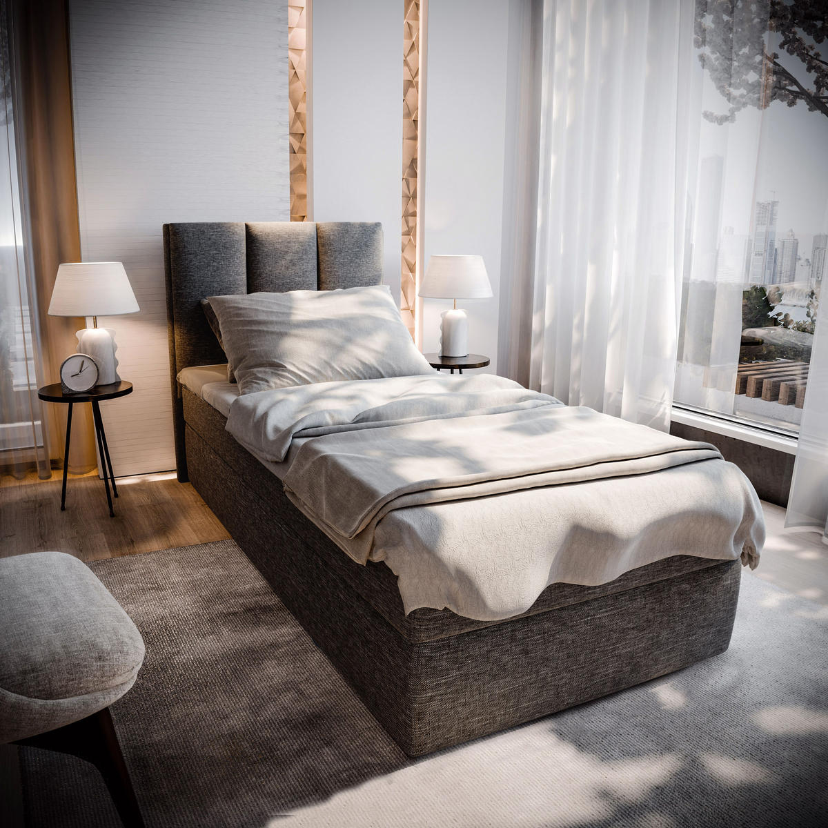 BOXBETT MERIL 90 90x200 cm mit Matratze und Topper - Grau - Grau, Holz (90/200cm) - MASSENO