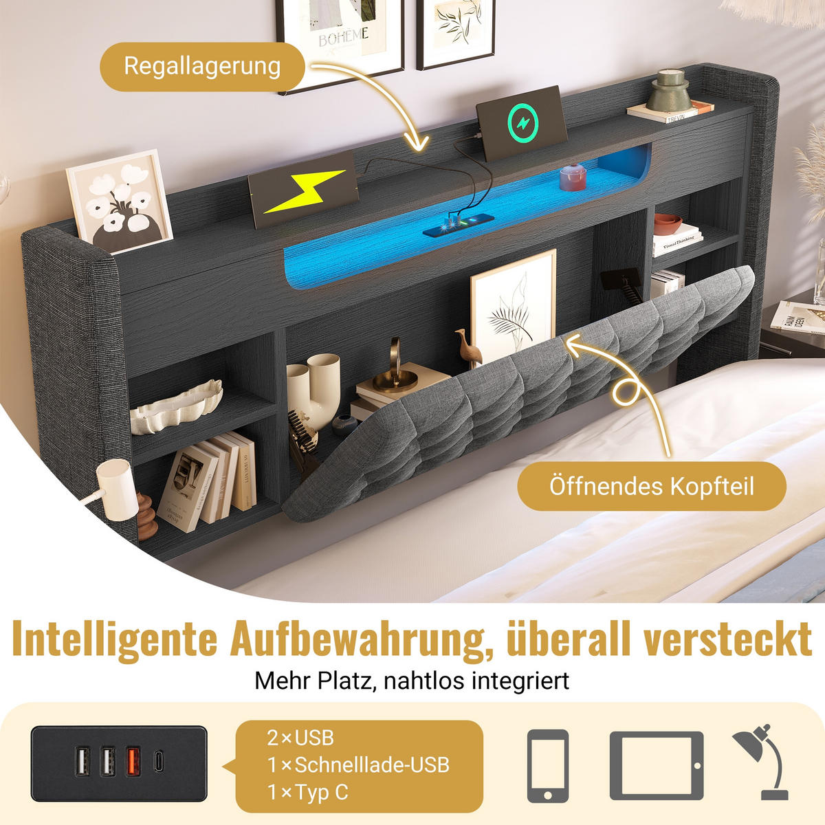 POLSTERBETT 140/200 cm Grau mit LED-Beleuchtung und Stauraum-Kopfteil - Grau, Textil (140/200cm) - Oxeza