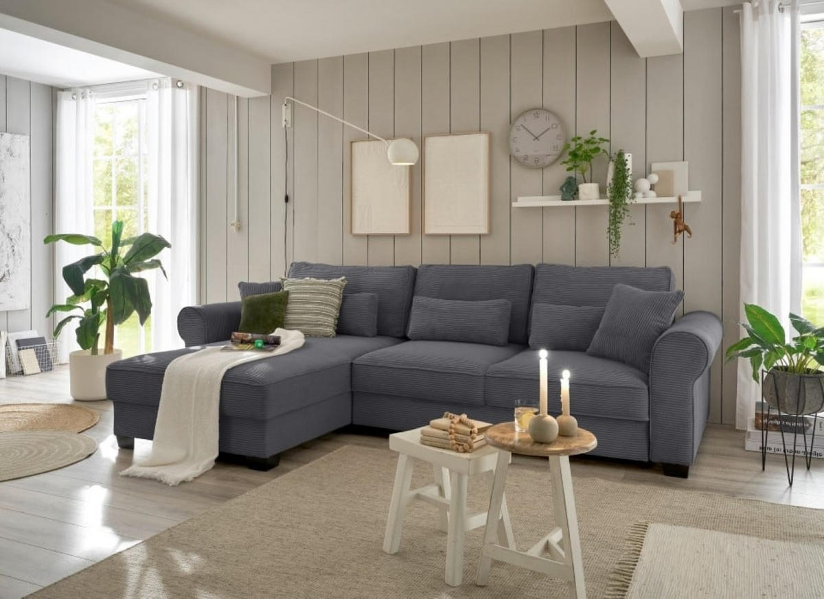 ECKSOFA beidseitig montierbar, Schlaffunktion mit Bettkasten und Nosagfederung in Breitcord - Dunkelgrau/Schwarz, Textil (318/197cm) - ed exciting design