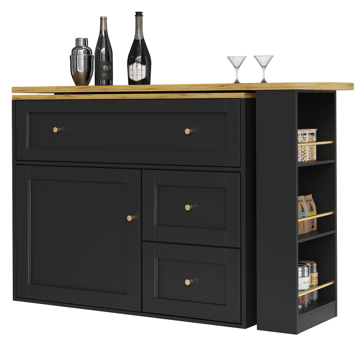 BARTISCH 138-204/39/105 cm in Schwarz mit Stauraum und drehbarer Tischplatte - Schwarz, Holzwerkstoff (39/204/105cm) - BEAOK