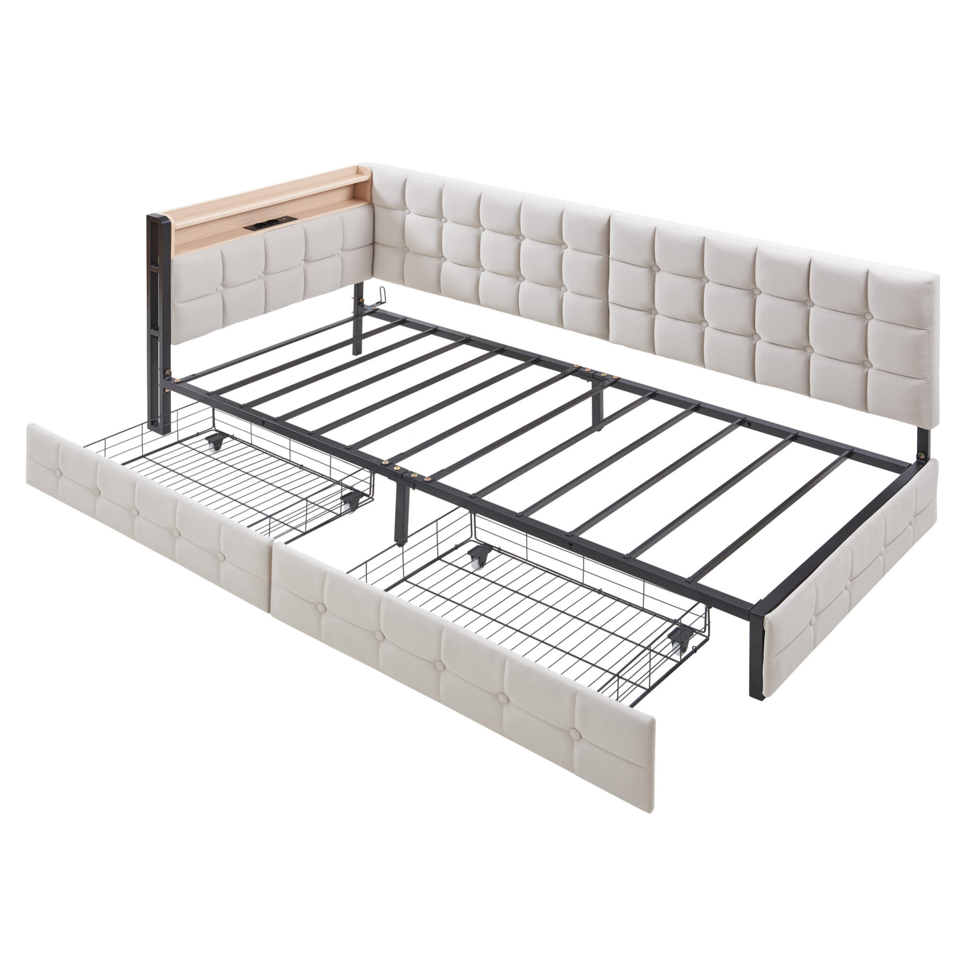 POLSTERBETT 90/200 cm Beige aus Samt mit 2 Schubladen und LED-Beleuchtung - Beige, Textil (90/200cm) - OKMYHOME