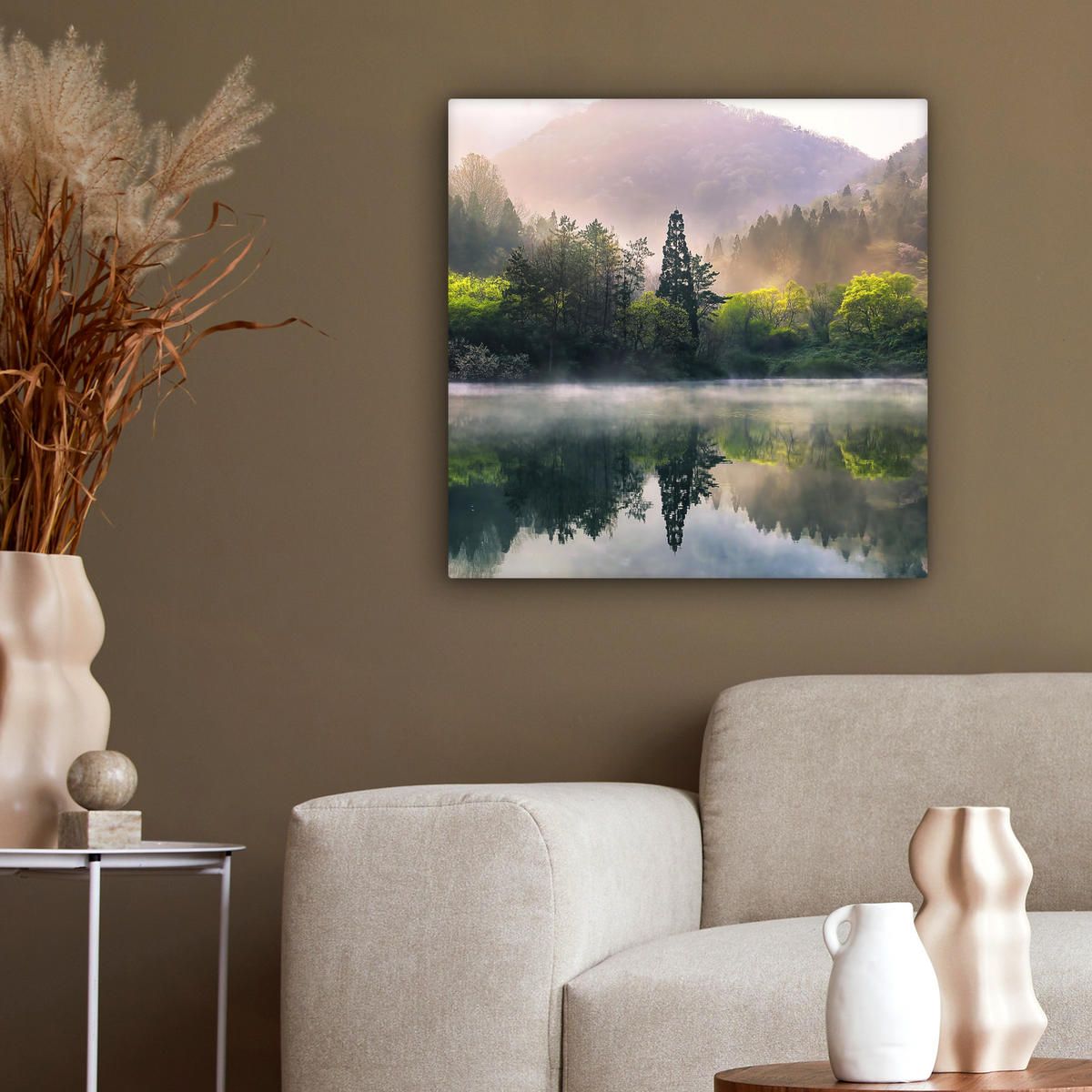 LEINWANDBILD Natur - Bäume - Berge - See - Wasser 50x50 cm - Hellgrün, Textil (50/50cm) - MuchoWow