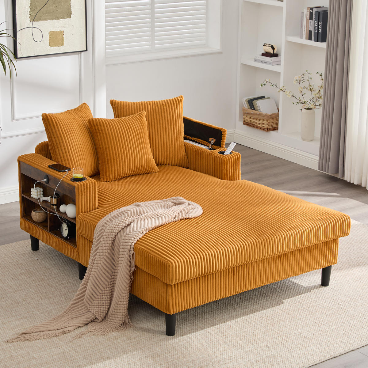 SCHLAFSOFA 129/170/70 cm aus Cord mit LED-Beleuchtung und USB-Ladeanschluss Senfgelb - Currygelb, Textil (170/70/129cm) - Modenvie