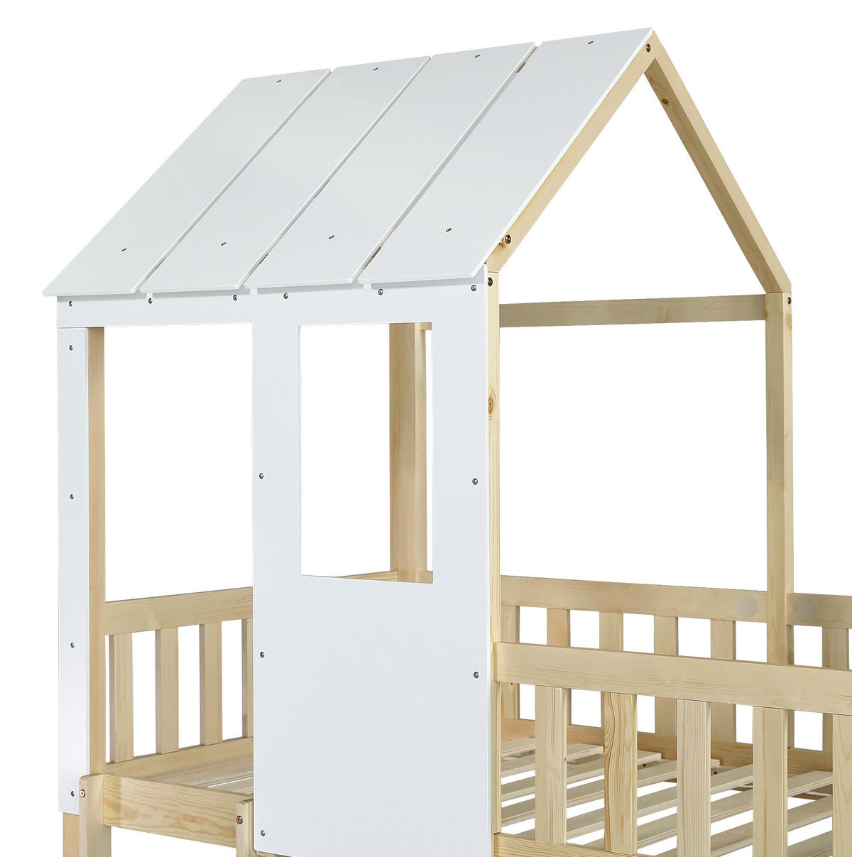 ETAGENBETT Hausbett mit Rutsche, Dach und Fenster, Natur/Weiß, 90/200 cm - Naturfarben, Holz (90/200cm) - MIVRAY