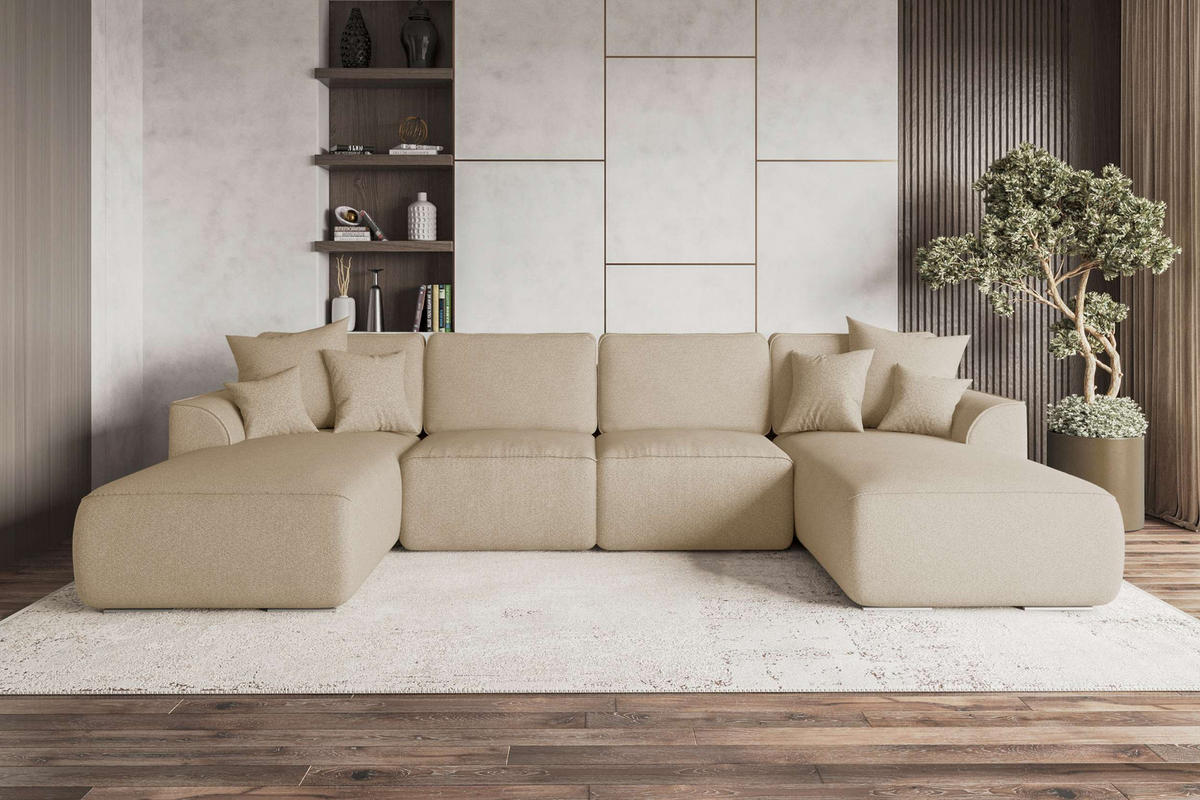 WOHNLANDSCHAFT GUSTO Strukturstoff Beige inkl. Schlaffunktion - Chromfarben/Beige, Kunststoff/Textil (306/96/194cm) - 99rooms