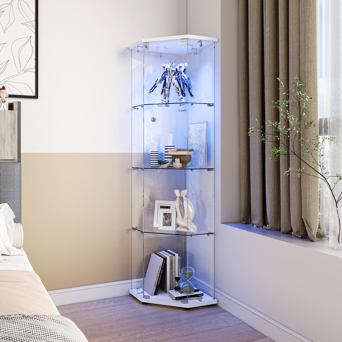 GLASVITRINE 162x60x45 cm freistehend 4 Ablagen LED weiß - Weiß, Holz (60/162/40cm) - Fortuna Lai