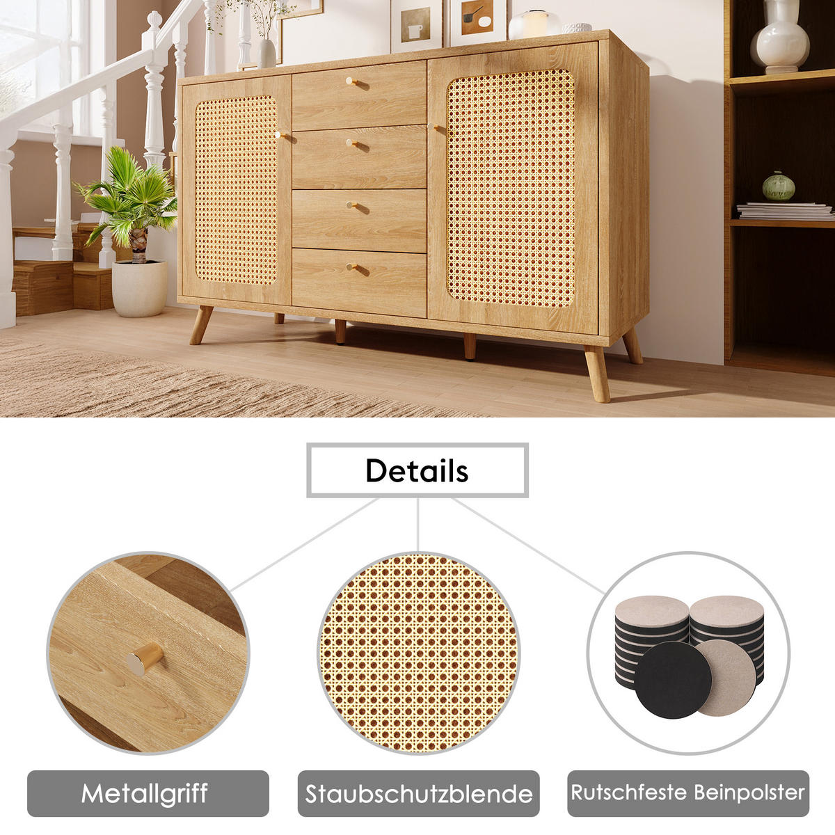 SIDEBOARD 140 cm in Rattan-Optik mit 4 Schubladen - Sonoma Eiche, Holzwerkstoff (140/86/40cm) - Urban Meuble