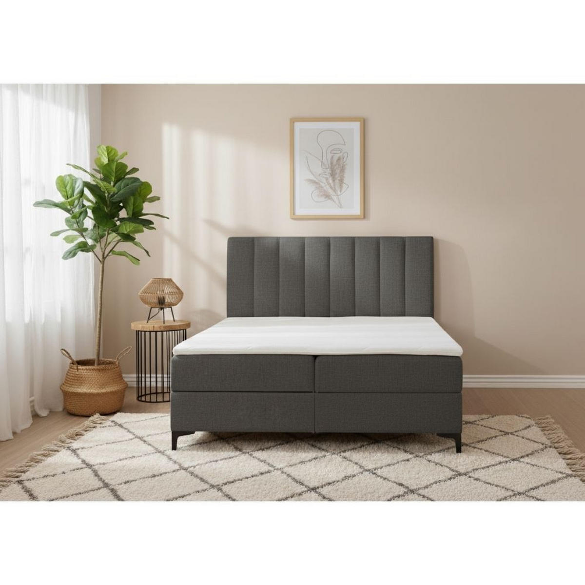 BOXBETT Siena mit Bonnelmatratze und Topper, 140x200, Grau - Schwarz/Grau, Holzwerkstoff/Kunststoff (140/200cm) - AN-Moebel 4u