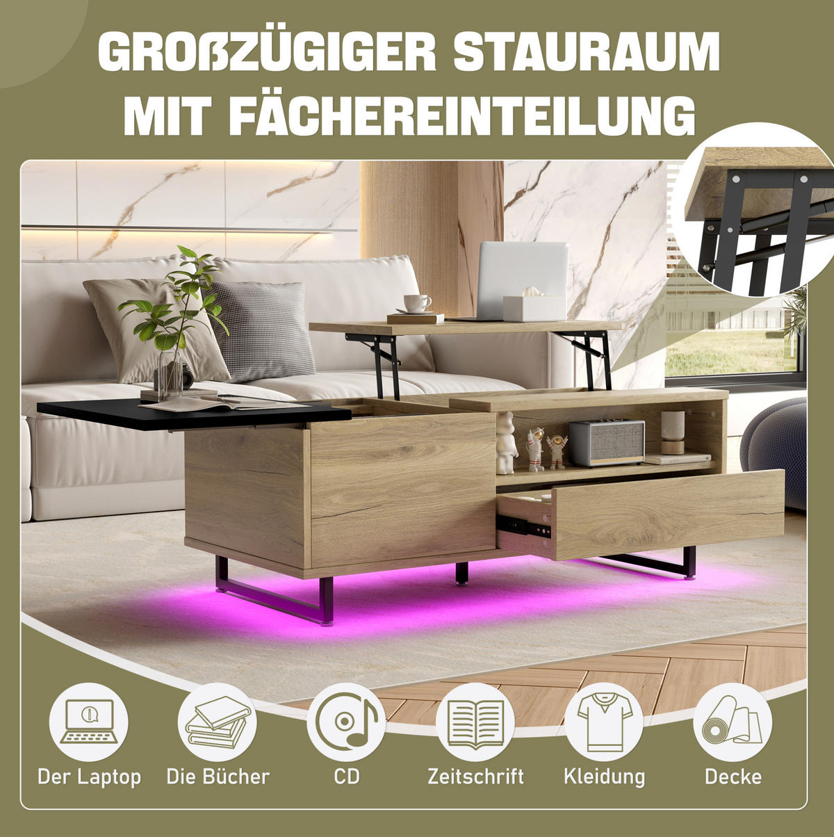 COUCHTISCH 103,5/50/27,5 cm mit Lift-Top und LED-Beleuchtung in Natur/Schwarz - Naturfarben, Holzwerkstoff (103.5/50/27.5cm) - Flora Grace