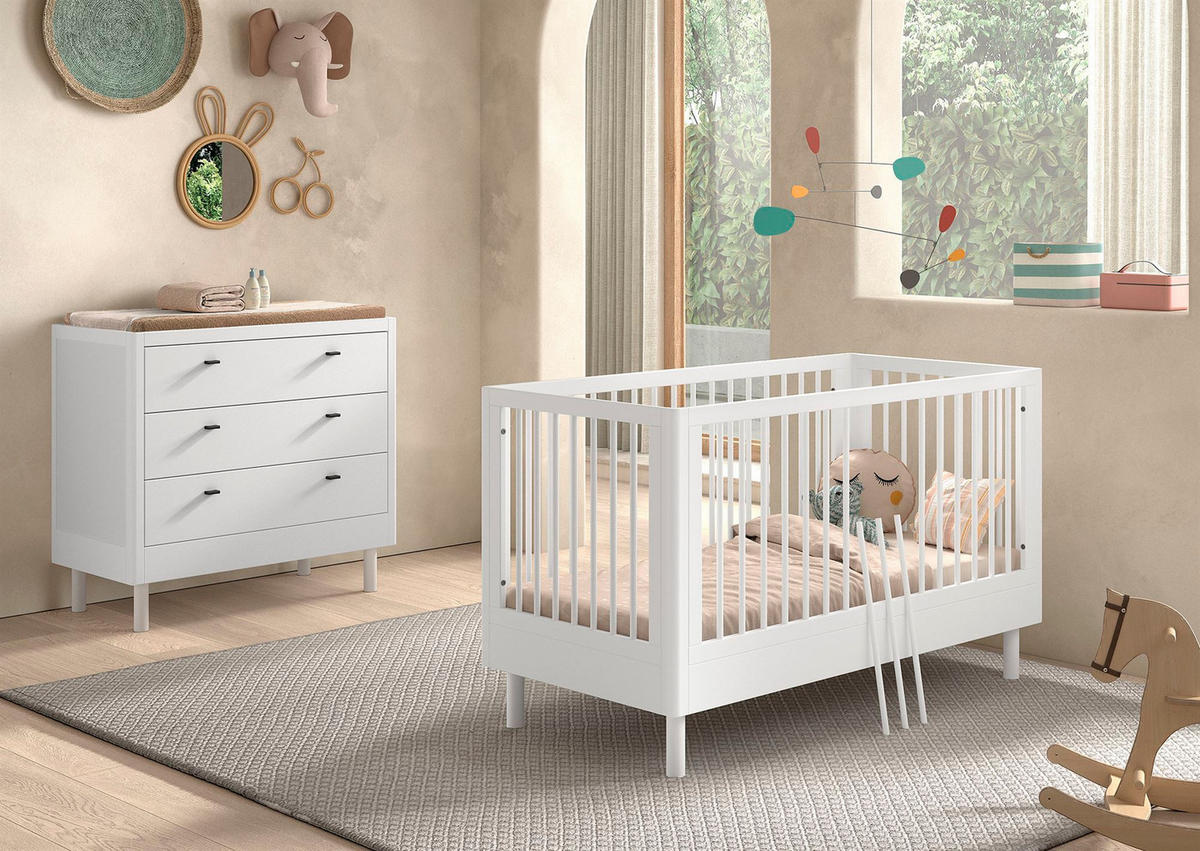 BABYBETT SET 70x140 Keeley Buche Weiß Holz Kommode Komfort Stabil - Weiß, Holz (74/88/144cm) - 58aufmkessel