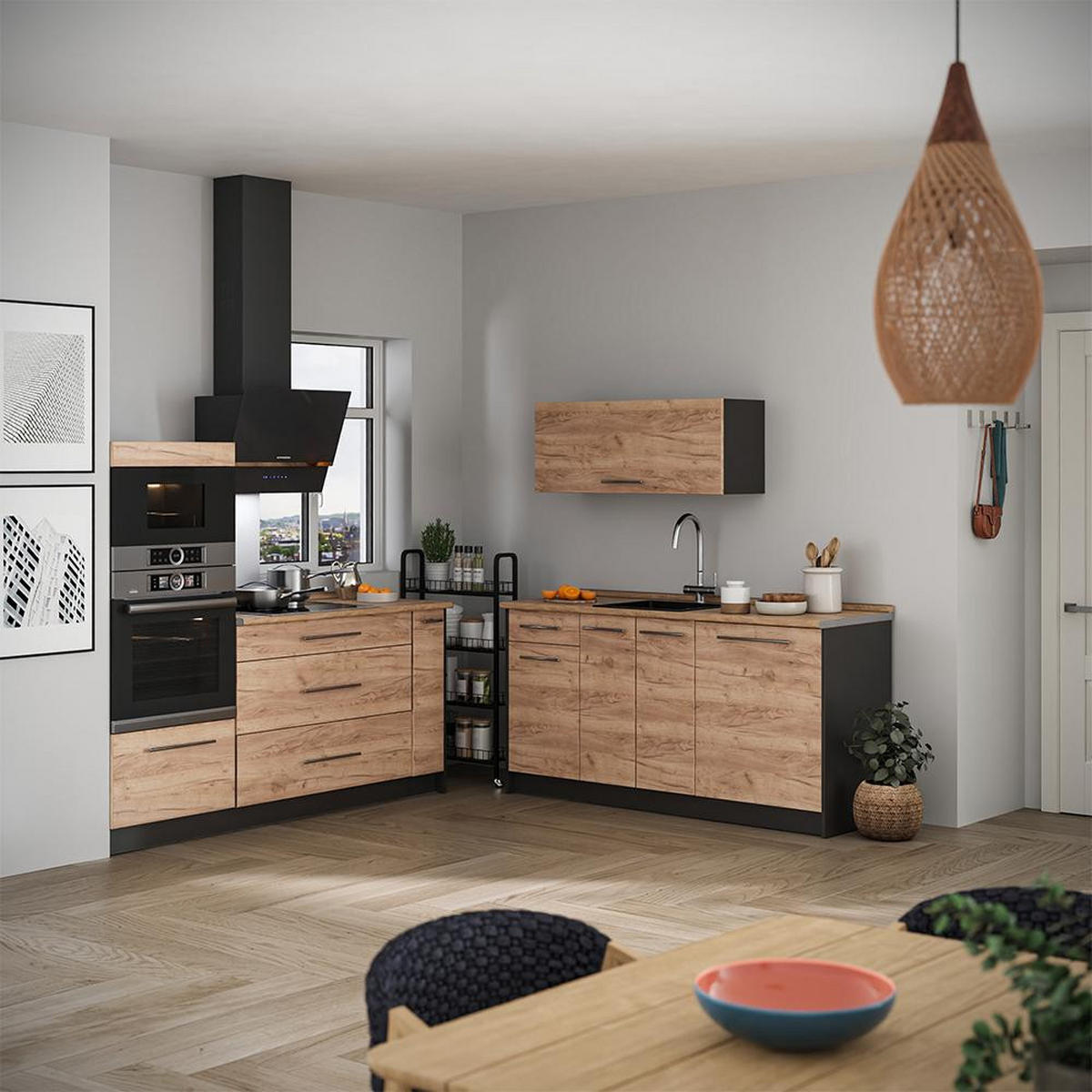 KUHINJA Fame-Line, Zlati hrast z močjo/Antracit, 340 cm, DP Marmor - barve hrasta/antracit, leseni material (340/153.6/60cm) - Vicco