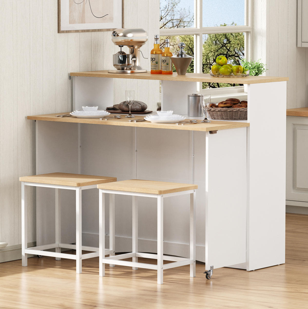 KÜCHENINSEL 110/34-68/97,5 cm aus MDF mit klappbarer Arbeitsplatte und 2 Hockern Weiß - Weiß, Holzwerkstoff (110/97.5/68cm) - Modenvie