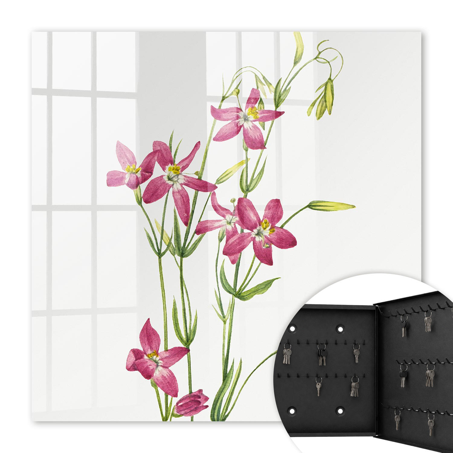 SCHLÜSSELBOX Schwarz 30x30 cm- Türöffnung nach rechts - Rosa Blüten - Pink, Metall (30/30/5cm) - TULUP