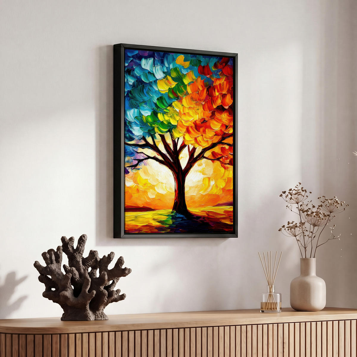 LEINWAND Bilder mit Rahmen - Baum - Kunst - Natur - Sonnenuntergang - 20x30 - Multicolor, Textil (20/30cm) - MuchoWow