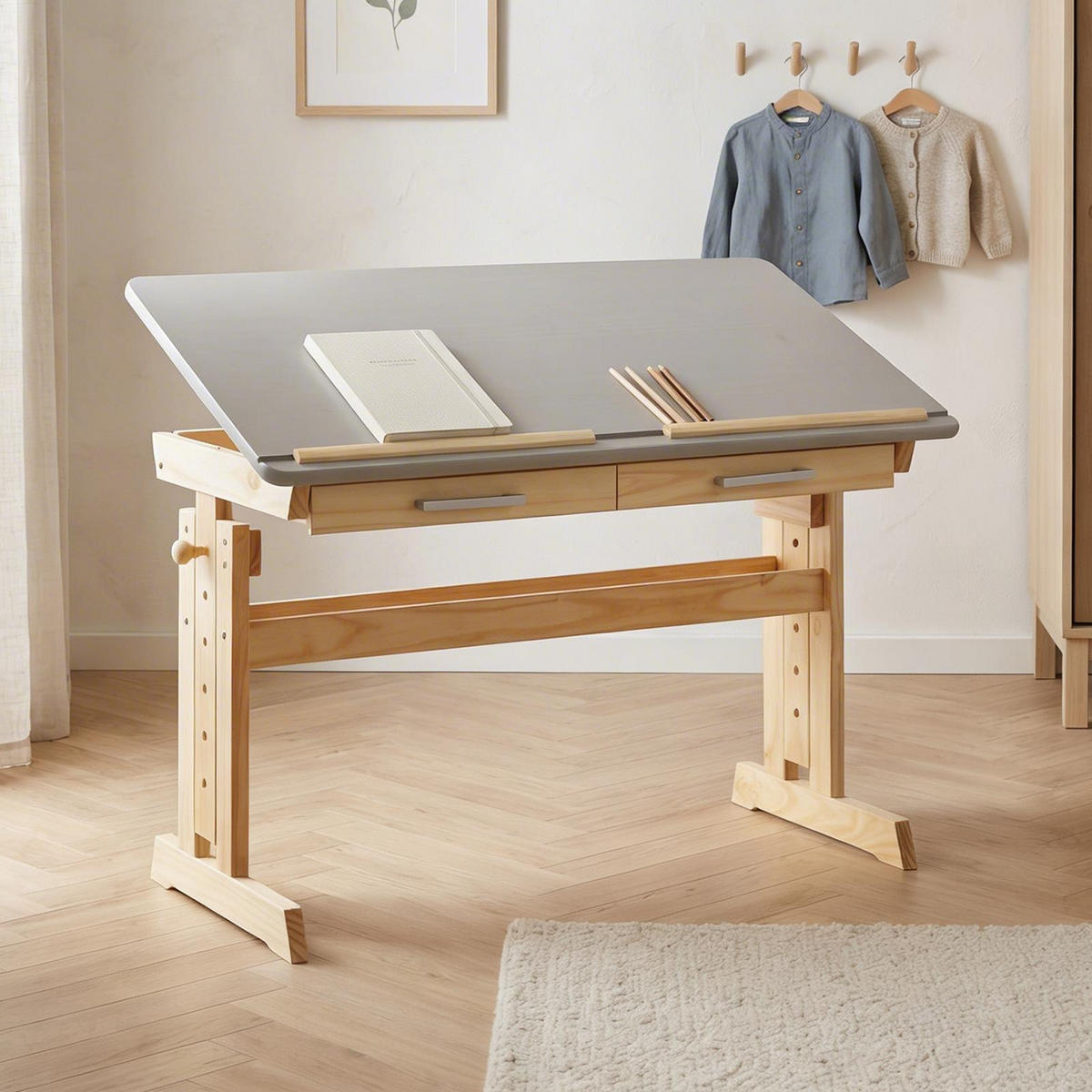 KINDERSCHREIBTISCH OLIVIA natur/grau - Naturfarben/Grau, Holz (109/130/55cm) - IDIMEX