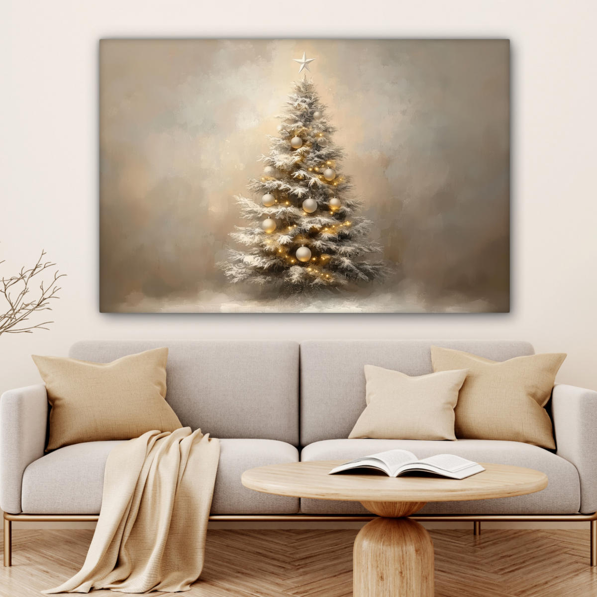 LEINWANDBILD Weihnachten - Weihnachtsbaum - Schnee - Kunst Wohnzimmer 120x80 cm - Champagner, Textil (120/80cm) - MuchoWow