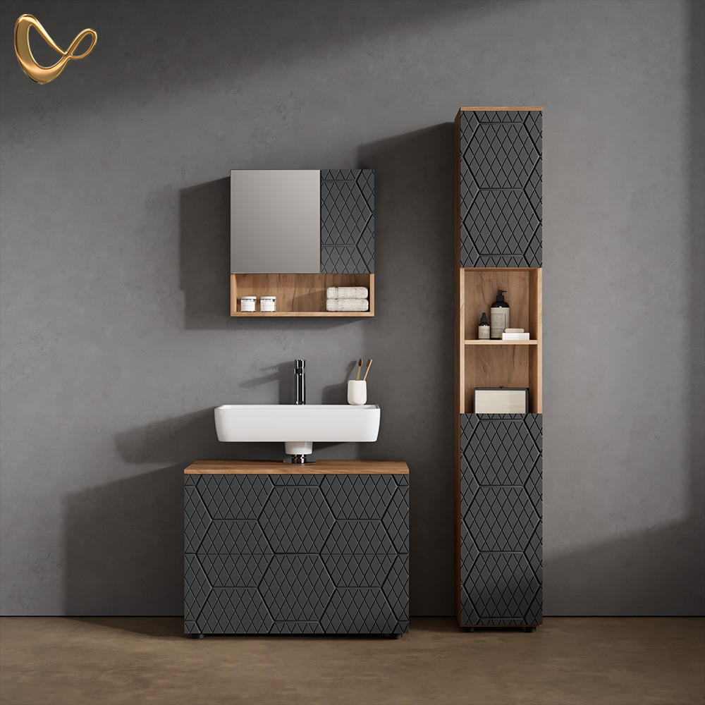BADMÖBEL-SET Ronco Anthrazit gestreift 3 Teile, mit Schubladenschrank und Hochschrank - Honigeiche/Anthrazit, Holzwerkstoff (80/58/41cm) - Livinity®